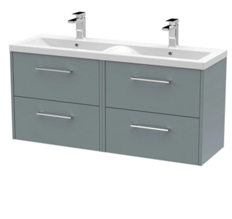Image of Hudson Reed Fluted Wall Hung 4-Drawer Vanity And Double Vitreous China Basin, Contemporary Sink Vanity Unit, Coastal Greymm