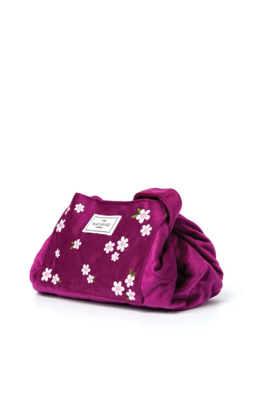 Image of The Flat Lay Co Drawstring Makeup Bag in Embroidered Daisy Plum Velvet Multi