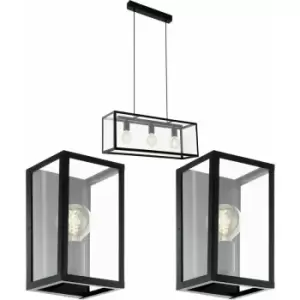 Image of Ceiling Pendant Light & 2x Matching Wall Lights Black & Glass Box Dining Room
