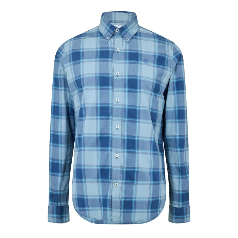 Image of Timberland Mens Poplin Check Dark Denim Long Sleeve Oxford Shirt Dark Denim Yd male S