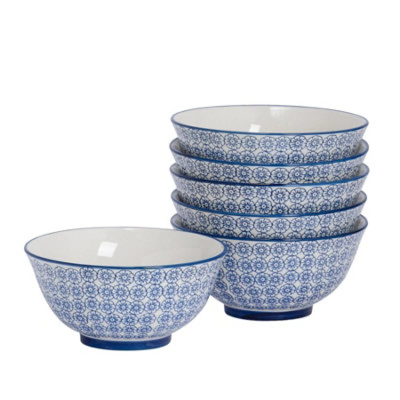 Image of Nicola Spring Hand-Printed Cereal Bowls - 16Cm - Navy - Pack Of 6