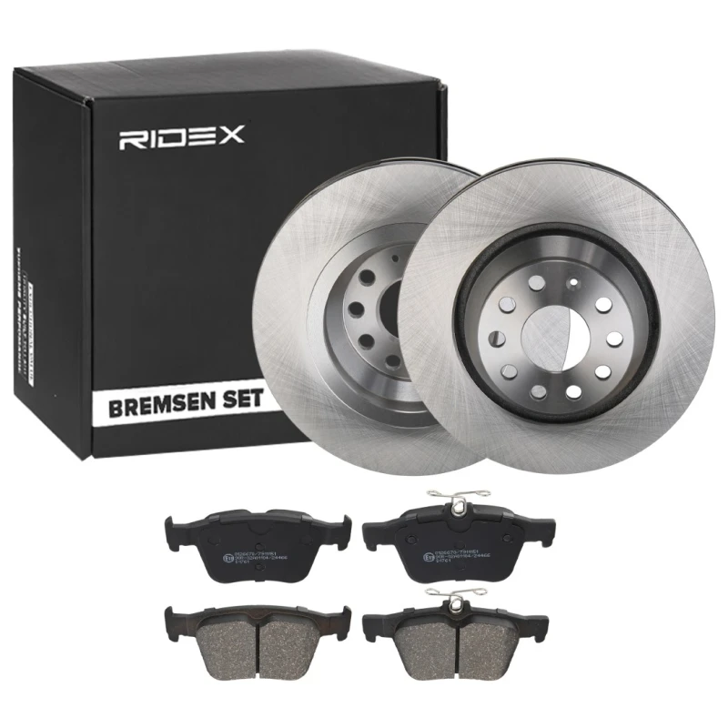Image of RIDEX 3405B0510 Brake disc and pads set Rear Axle, Brake Disc Type: Vented, excl. wear warning contact Brake Set,disc brakes (3405)