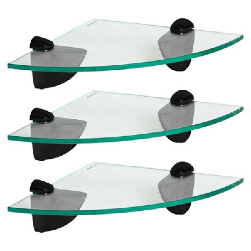 Image of Harbour Housewares 3X Floating Glass Corner Shelves - 20Cm - Black Brackets - Bathroom Shower Storage Vanity Display Unit Shelf