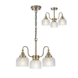 image of DeRuyter Semi Flush, Ceiling Pendant, 3 Light E27, Antique Brass, Prismatic Glass