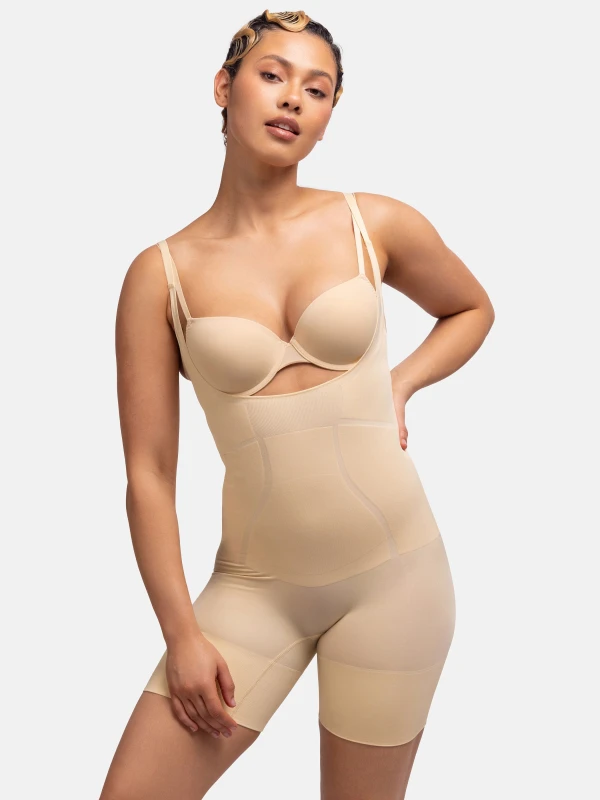 Image of Dorina Womens Seamless Open Bust Bodysuit Beige Size: Small Beige Female S