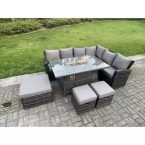 Image of Fimous 6 Seater Outdoor Dark Grey Rattan Lounge Complete Sofa Set Right Side with Gas Fire Pit, 2 Stools and Big Footstool