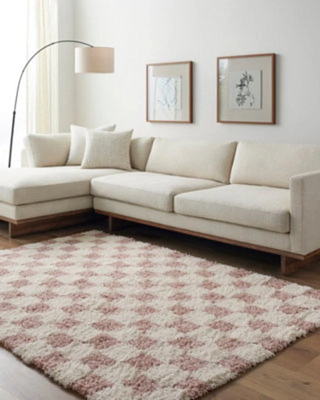 Image of Livabliss Shaggy Modern Plush Pile Dusty Pink Checkered Willa Area Rug 160 X 220 Cm - Easy Care, Ideal For Living Room & Bedroom
