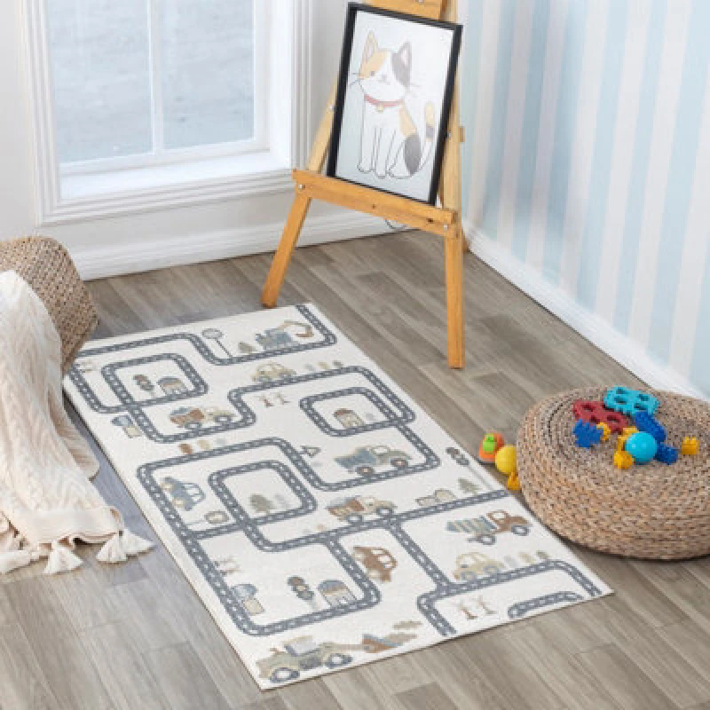 Image of Livabliss Kids Machine Washable Beige/grey Bedroom Vroomville Area Rug 80 X 150 Cm - Easy Care, Soft & Safe Rug For Kids Spaces