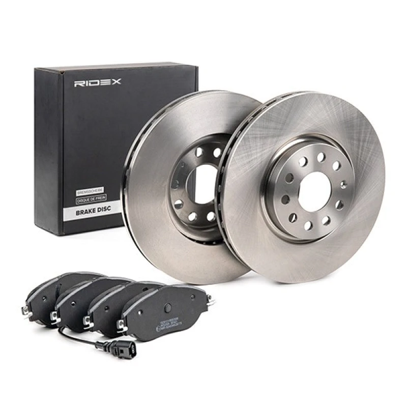 Image of RIDEX 3405B0971 Brake disc and pads set Front Axle, Brake Disc Type: Vented, incl. wear warning contact Brake Set,disc brakes (3405)