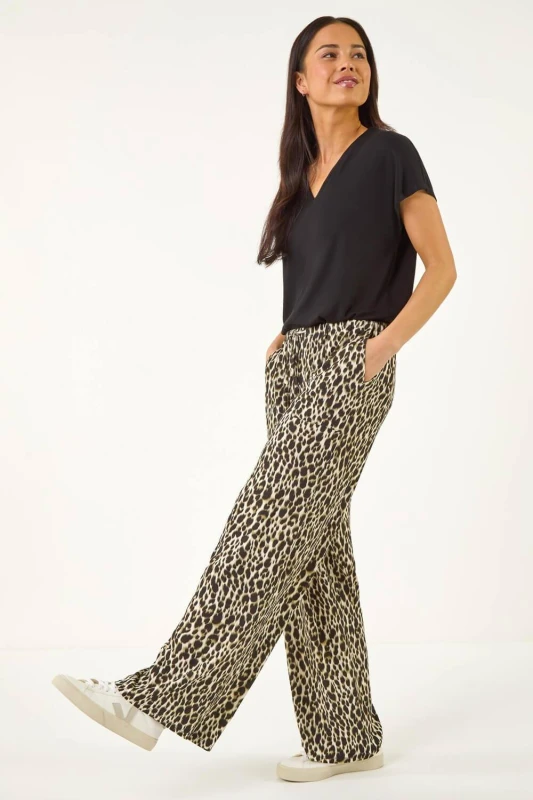 Image of Roman Womens Petite Animal Wide Leg Trouser in Khaki Size: 18 Khaki Female 18