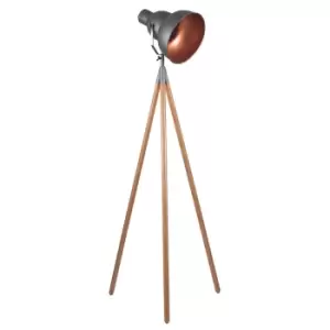 Image of Blakely Brushed Copper Wood Adjustable Tripod Film Inspired Floor Lamp Grey/Copper
