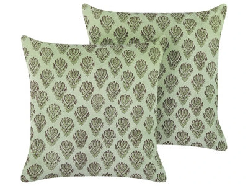 Image of Beliani Set Of 2 Decorative Cushions Rungia Velvet 45 X 45cm Green Floral Pattern