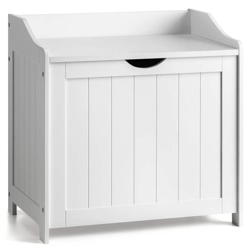 Image of Christow White Laundry Box Wooden Bathroom Storage Basket Linen Clothes Chest White