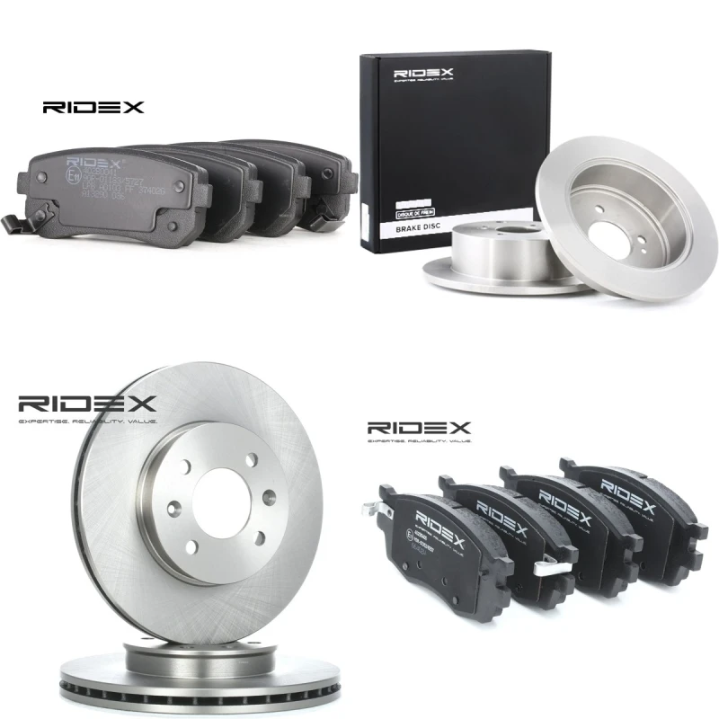 Image of RIDEX 3405B1691 Brake disc and pads set Front Axle, Brake Disc Type: Solid, with acoustic wear warning, without wheel hub Brake Set,disc brakes (3405