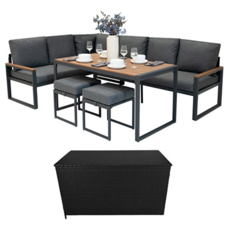 Image of Monstershop Aluminium Corner Sofa Set With Black Rattan Storage Box - Wood Effect in Brown Brown Unisex