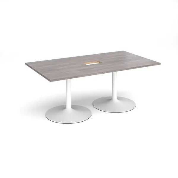 Image of Trumpet Base Rectangular Office Boardroom Table with Power Module Cut Out - Grey Oak - White Base - W1800mm