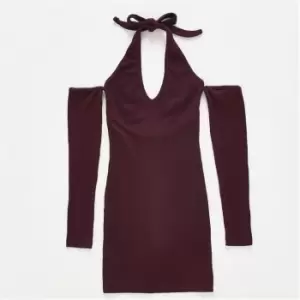 image of Missguided Petite Halterneck Long Sleeve Mini Dress - Purple