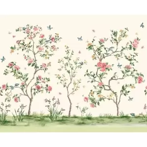 Image of Oriental Flower Tree Cream Wall Mural - 3.5m x 2.8m
