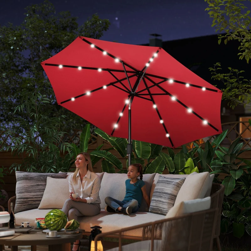 Image of Outsunny Garden Parasol Outdoor Tilt Sun Umbrella LED Light Hand Crank Red