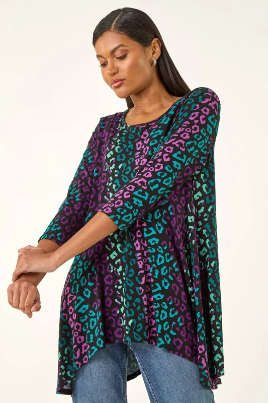 Image of Roman Womens Animal Print Hanky Hem Stretch Top in Teal Size: 14 Teal Female 14