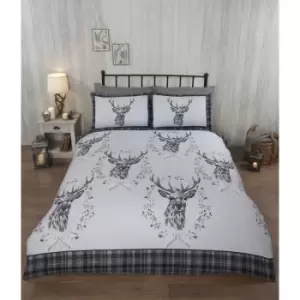 Image of Angus Stag Grey Double Duvet Cover Set 100% Brushed Cotton Reversible Checked Duvet Set - Grey