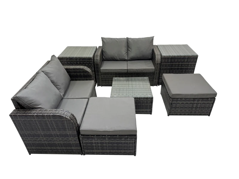Image of Fimous Love Sofa Square Coffee Table Set with 2 Side Table 2 Big Stools in Dark Grey Dark Grey Unisex