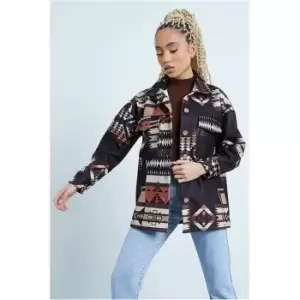 image of I Saw It First Chocolate Folk Print Longline Shacket - Brown