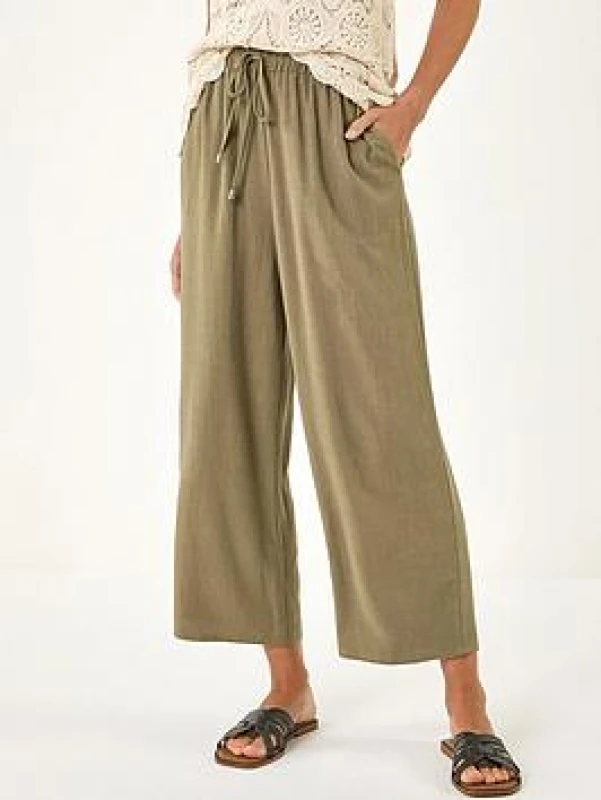 Image of Roman Womens Cropped Linen Trouser in Khaki Size: 10 Khaki Female 10