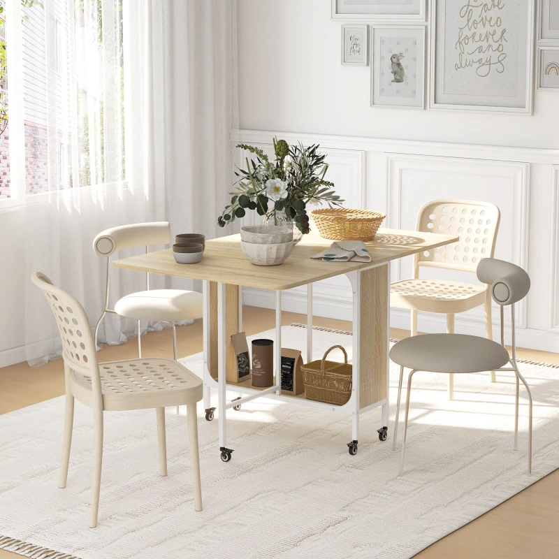 Image of HOMCOM Natural Mobile Drop Leaf Dining Table on Wheels with Storage Shelf - Natural wood finish TJ Hughes 5056725520533