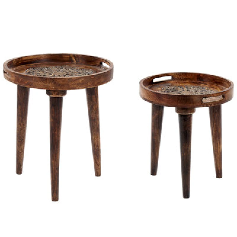 Image of Beliani Set Of 2 Side Tables Astai Mango Wood Dark Brown