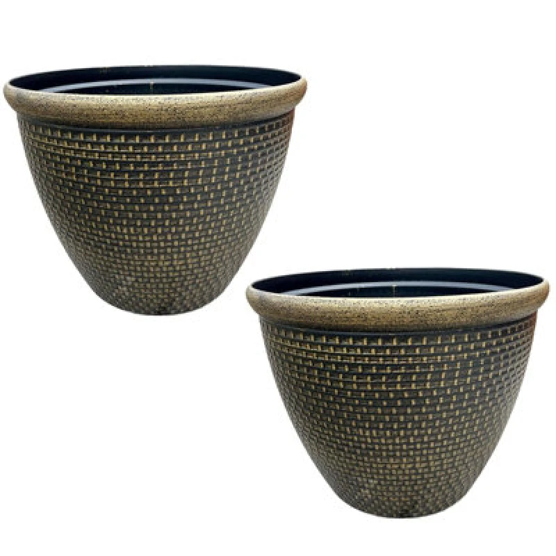 Image of Gr8 Garden Set Of 2 Gold Cromarty Plant Pot Large 36Cm Plastic Round Flower Garden Patio Planter