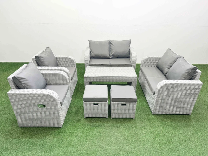 Image of Fimous 8 Seater Outdoor Reclining Chair Love Sofa Set Rattan Garden Furniture Set with Oblong Coffee Table 2 Stools Light Grey Light Grey