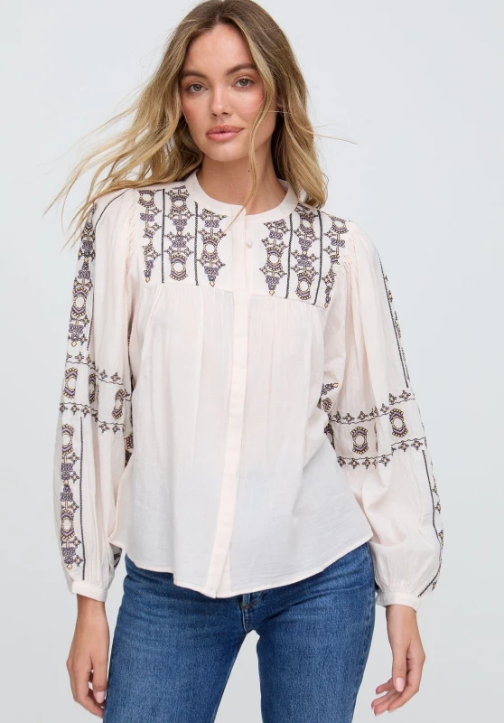 Image of Raffya Womens Demi Embroidered Ballon Sleeve Shirt In Cream in Grey Size: 16 Grey Female 16