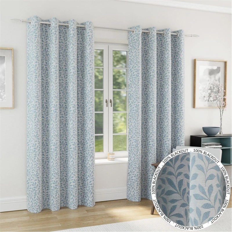 Image of Enhanced Living Sherwood Blackout Jacquard Leaf Eyelet Curtains Curtains 117x137cm Blue 70566318001