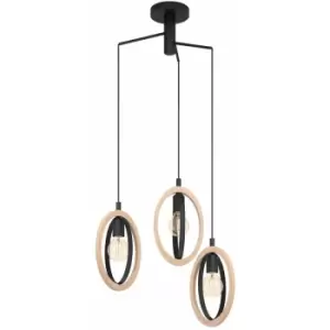 image of Loops - Hanging Ceiling Pendant Light Black & Wood Hoop Shade 3x 40W E27 Bulb