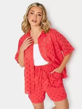 Image of Yours Anglaise Short Sleeve Shirt Coral Co Ord, Orange, Size 18, Women
