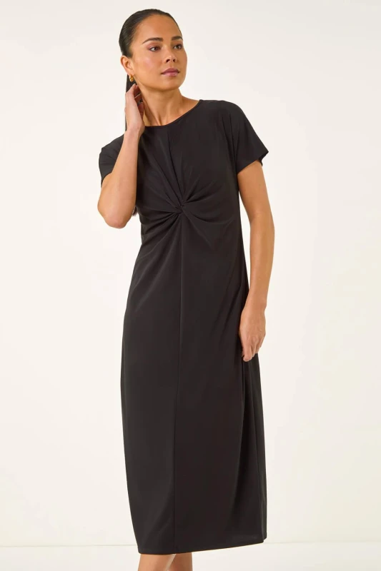 Image of Roman Womens Petite Twist Front Stretch Midi Dress in Black Size: 14 Black Female 14