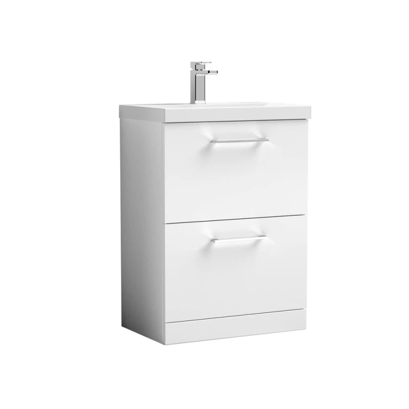 Image of Balterley Modern Bathroom 2 Drawer Floor Standing Vanity Unit & Rectangular Mid-Edge Basin, Gloss White, 600 mm in White White Unisex