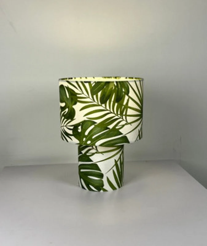 Image of K Living Kobe Green Tropical Leaves 30Cm Tall Printed Velvet Table Lamp