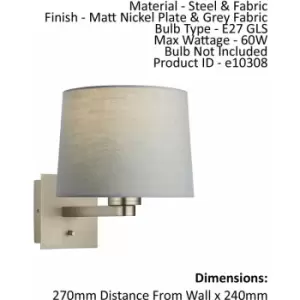 Image of Wall Light & Shade Matt Nickel & Grey Fabric 60W E27 Living Room e10308