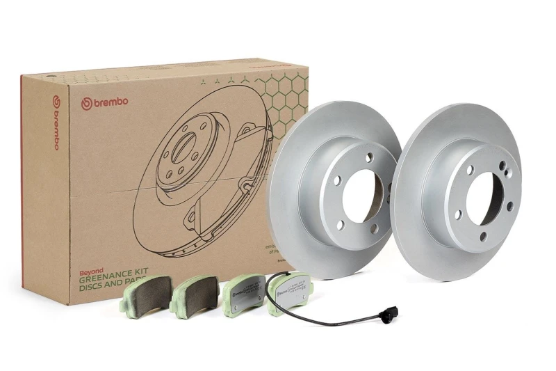 Image of BREMBO KT 10 037 Brake disc and pads set BEYOND LINE - Greenance without accessories, Brake Disc Type: Solid, incl. wear warning contact, with bolts/s