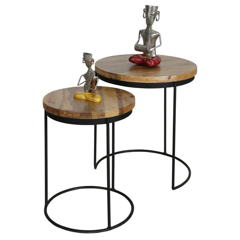 Image of Jaipur Furniture Ltd Ravi Iron Base Solid Wood Top Round Stool (Set of 2) - L44 x W44 x H49cm - Mango Light Finish in Brown Brown Unisex