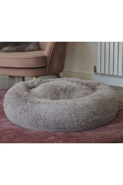 Image of Calming Shaggy Faux Fur Pet Bed - Grey