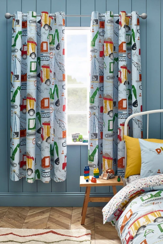 Image of Catherine Lansfield 'Digger Dreams' Fully Reversible Eyelet Curtains Blue