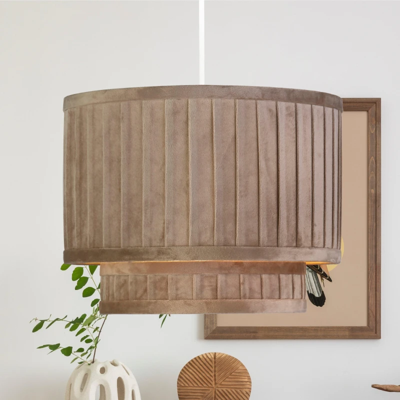 Image of SO'HOME 30cm Taupe 2-Tier Wide Pleat Velvet Drum Shade taupe ONE SIZE