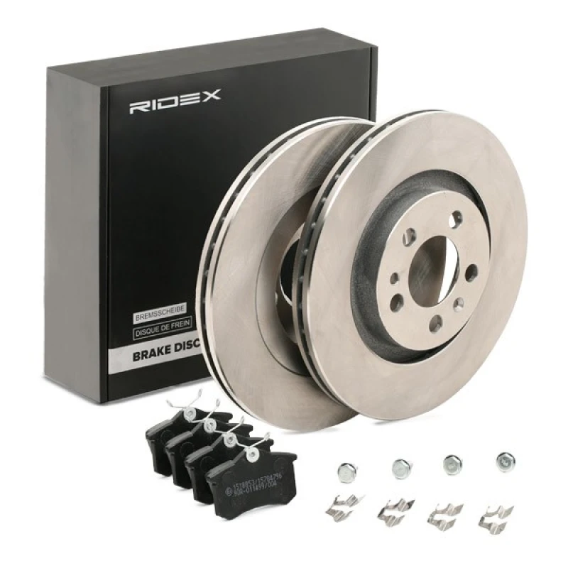 Image of RIDEX 3405B1466 Brake disc and pads set Rear Axle, Brake Disc Type: Vented, excl. wear warning contact Brake Set,disc brakes (3405)