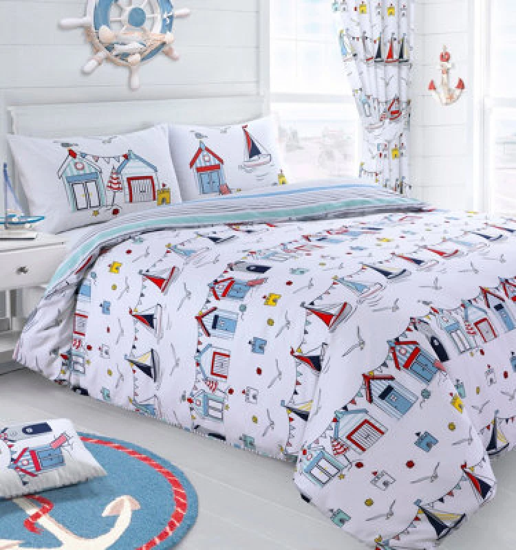 Image of Velosso Colourful Nautical Themed Duvet Cover & Pillowcase Set, Fun Kids Bedding With Beach Huts Design - Multicolour