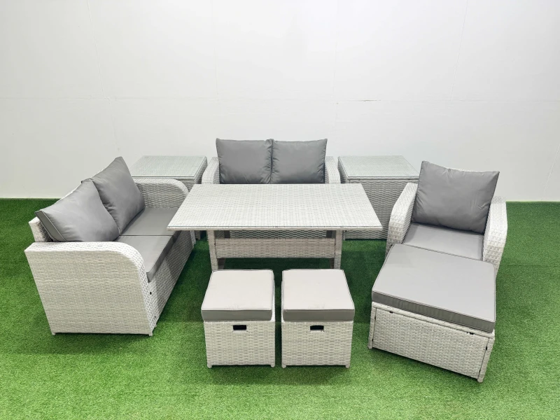 Image of Fimous High Back Poly Rattan Garden Furniture Set with Reclining Chair Loveseat Sofa Rectangular Dining Table Indoor Outdoor Patio Set 3 Stools 2 Sid
