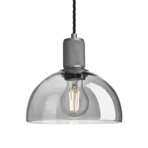 image of Industville Knurled Tinted Glass Dome Pendant Light in Smoke Grey with Pewter Holder