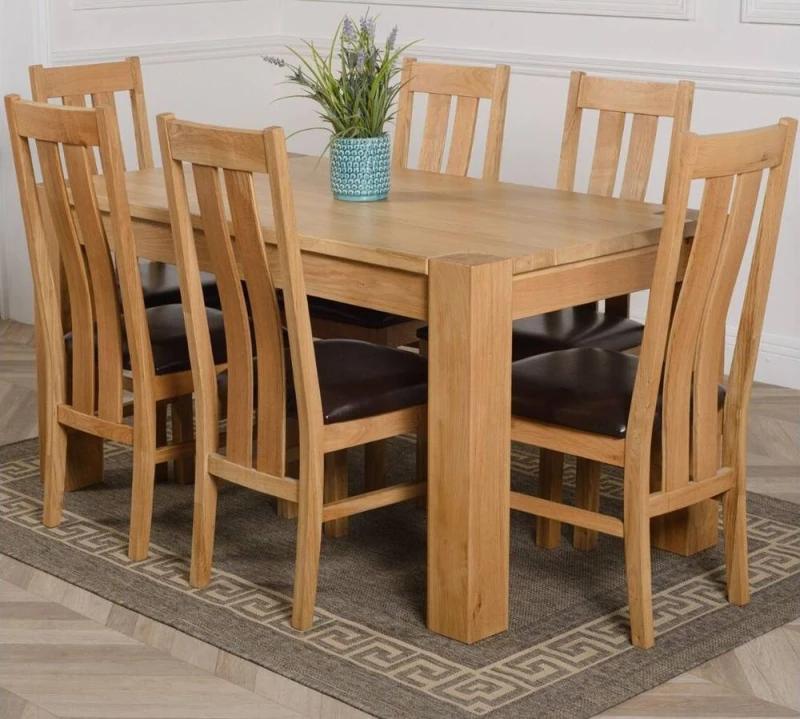 Image of Thats Furniture Kuba 150 x 85cm Chunky Medium Oak Dining Table & 6 Princeton Chairs in Brown Brown Unisex 150 x 85 cm